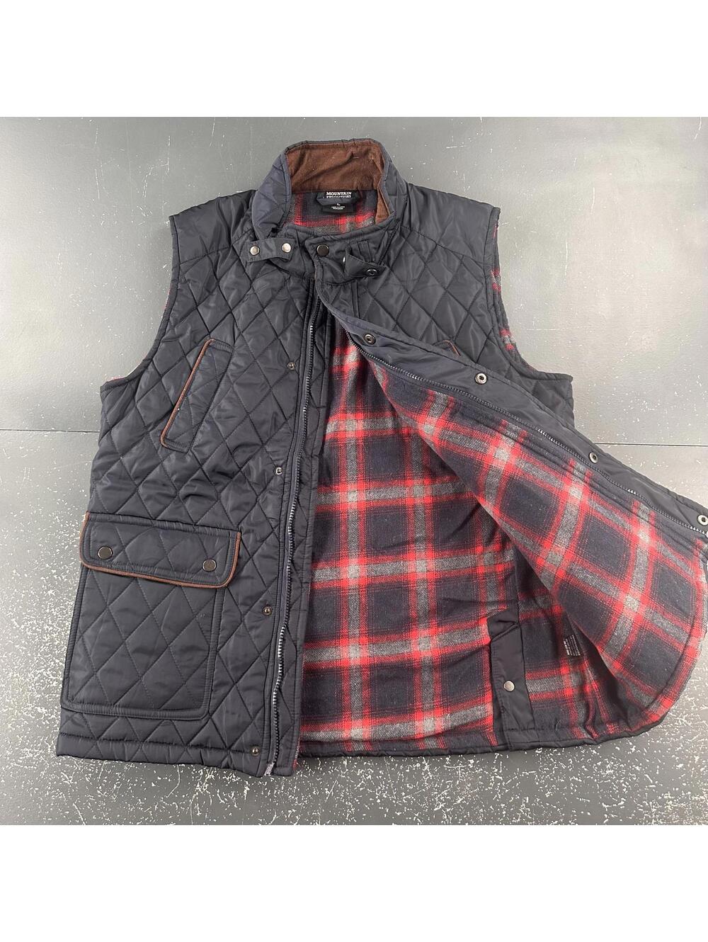 Mountain Expeditions Vest Mens Medium Navy Blue Quilted Plaid Flannel Lined EUC